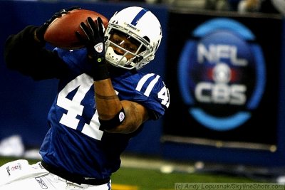 Indianapolis Colts free safety Antoine Bethea in front of a CBS Sports banner