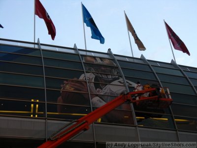 Putting up the Drew Brees banner - Super Bowl XLIV