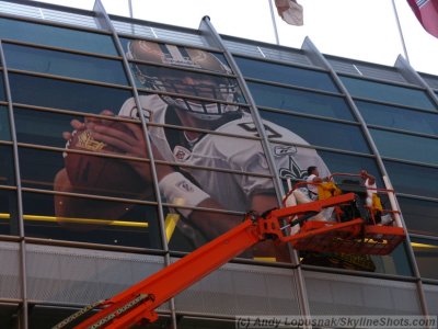 Putting up the Drew Brees banner - Super Bowl XLIV