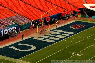 Installing the Colts' goal post at Super Bowl XLIV