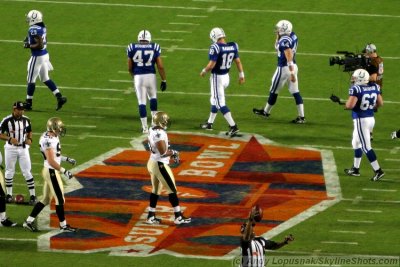 Indianapolis Colts QB Peyton Manning walks out onto the Super Bowl field for the 1st Colts possession
