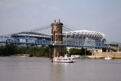 Paul Brown Stadium and the Suspension Bridge as seen from Covington, Kentucky.