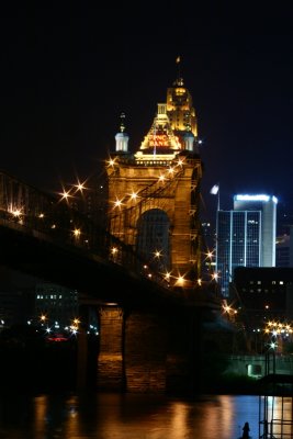Downtown Cincinnati and the Downtown Cincinnati and the Roebling Suspension Bridge at Night