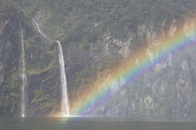 Rainbow and Waterfalls, Milford Sound