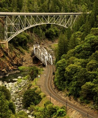 The Auto and Train Bridges at Pulga, Along the Feather River Canyon