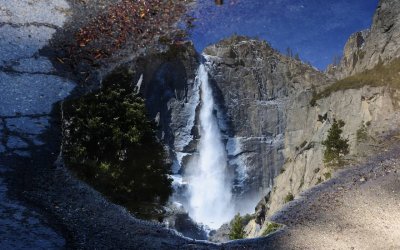 Upper Yosemite Fall Reflected in a Sidewalk Puddle at Yosemite Lodge