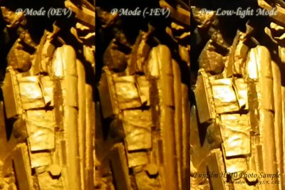 100% crop comparison (sharpest image in Pro Low-light Mode, but a little bit over-exposed in the bright areas)
