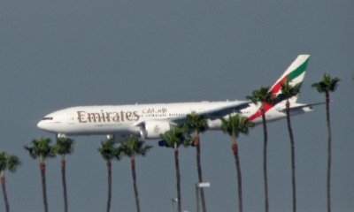 Emirates 777 in the distance behind the palm trees