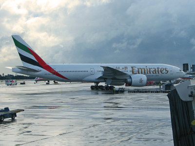 Emirates 777-200LR waiting for a tow to the gate
