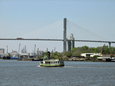 A boat heads upstream