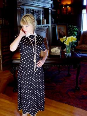 Tatyana wearing Broad-Minded Clothing's 30's Peplum Waist Polka Dotted Dress