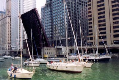 Sail Boats return to dry dock at the end of the season down the Chicago River