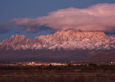 Organ Mountains in the snow after sunset