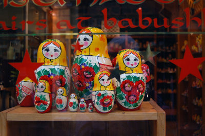 Babushka dolls finding a resting place in a Melbourne window display.