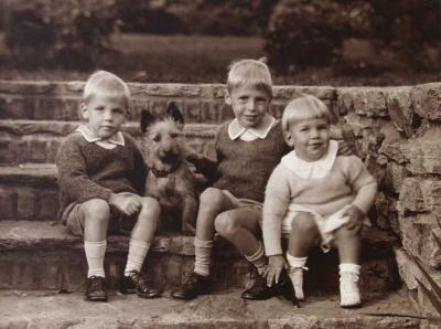 Dad's brothers Phil, Sam, Christy and the dog, 1926