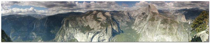 Yosemite Valley from Glacier Point,Upper and Lower Yosemite Falls on the left,Half Dome in the middle right of the picture,Nevada Falls(top) and Vernal Falls(lower) on right