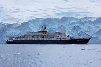 The Orlova anchored in front of the Neko Harbor glacier
