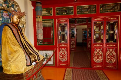 Interior of a building at the Winter Palace of the Bogd Khaan, with statute of Zanabazar