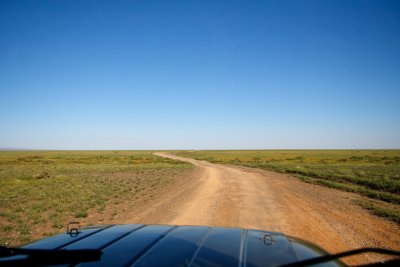 The Southern Gobi Desert, green from summer rains, is criss-crossed by dirt roads