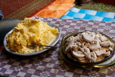 Yak dairy products: on the left, yak-milk cream; on the right, cookies made from yak-milk yogurt