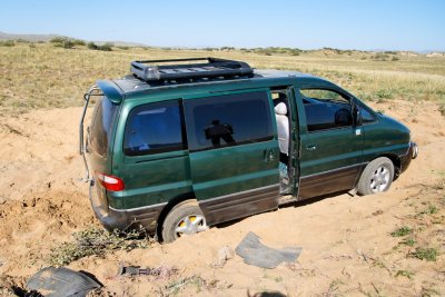 Our vehicle stuck in sand outside Hustai National Park (we got pulled out after about an hour)