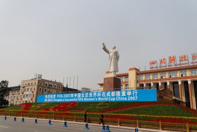 Statue of Chairman Mao presiding over Tianfu Square.  I wonder if he was a soccer fan?