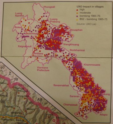A map that shows the portions of Laos that was bombed during the conflict in Vietnam, and still has unexploded ordinance