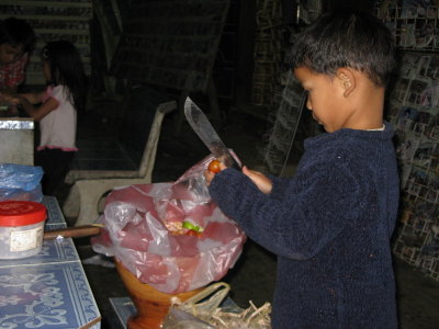 Another small kid with a big knife.  Kids grow up fast in this part of the world, but are still kids at heart.  It's cool!