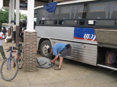 A sad day- getting on the bus at the end of my bike trip...