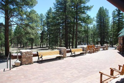 THE BACK PATIO OF THE LODGE IN THE MORNING SUN