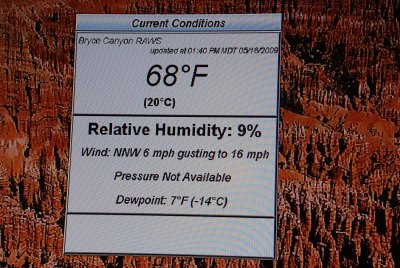THE WEATHER STATION AT THE VISITOR CENTER SHOWED PERFECT CONDITIONS FOR A VISIT TO BRYCE