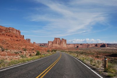 THE ROADWAY INTO ARCHES NATIONAL PARK IS WIDE AND SMOOTH
