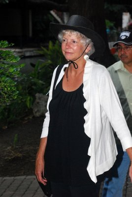 THE RIVERWALK AT NIGHT CAN BE COOL AND SARA DRESSED BEAUTIFULLY AS USUAL FOR THE OCCASION COMPLETE WITH TEXAS HAT