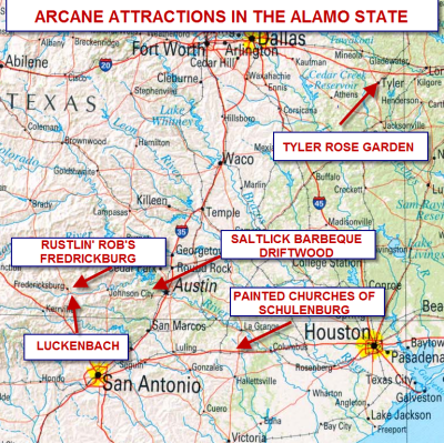 THIS MAP SHOWS THE FIVE ARCANE ATTRACTIONS OF THE ALAMO STATE IN THE ORDER WE VISITED THEM