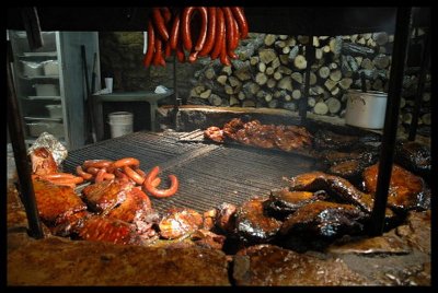 AT ANY GIVEN TIME THERE ARE SEVERAL DIFFERENT TYPES OF MEATS ON THE PIT