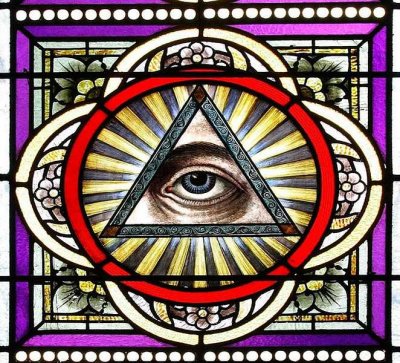 THIS EVER PRESENT EVIL EYE IN THE STAINED GLASS SILENTLY WARNS THE CHURCHGOER TO STAY AWAKE DURING THE MASS AS GOD IS WATCHING