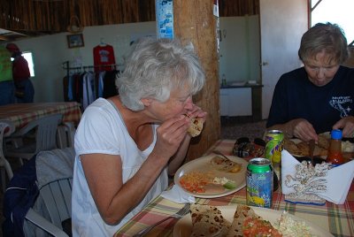 SARA DIVES INTO ANOTHER ROUND OF FISH TACOS..