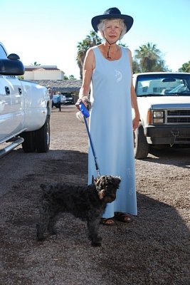 SARA GETTING READY FOR CHURCH-CHARLIE OUR SCHNOODLE WANTED TO COME ALONG.