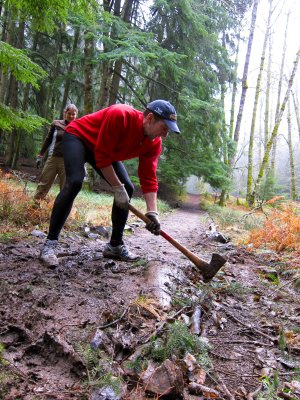 Don works on a buried log