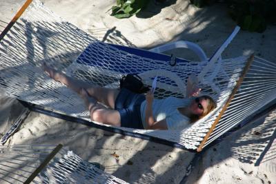 Angela enjoying hammock on Princess Cay