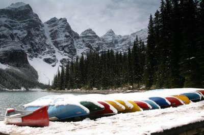 Colorful Canoes at Moraine Lake