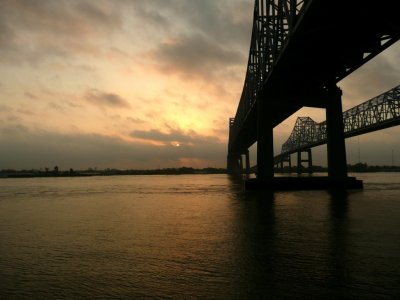 Sunrise at Dock Under Crescent City Connection Bridge