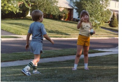 Wayne & Erica on the front lawn with the bubbles