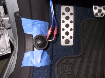 Tweeters moved to kick area and temporarily mounted for testing.