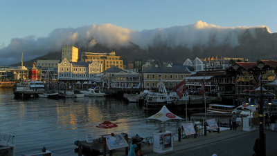 Capetown Harbor Sunset With Table Cloth On Table Mountain