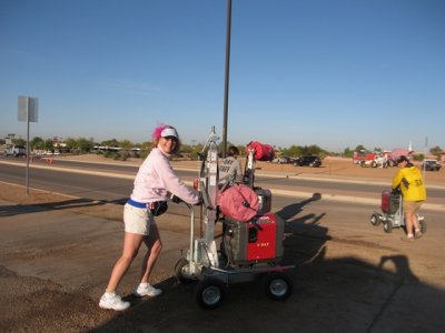 Cheryl pushing a glo wagon