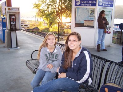 KT and Molly freezing at the train station.