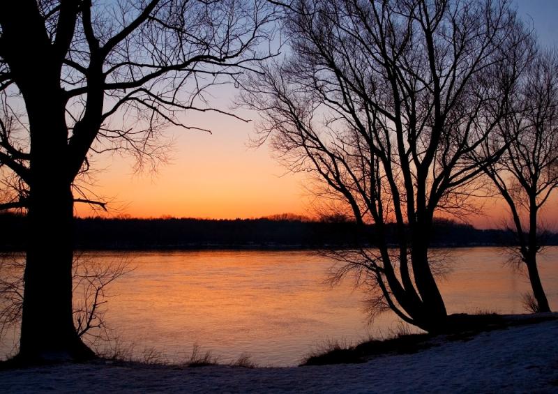 Snowy Sunset On The River