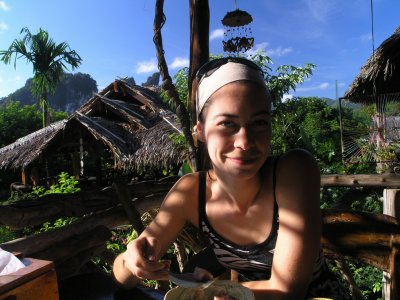 Marianne having breakfast at the Morning Mist Resort