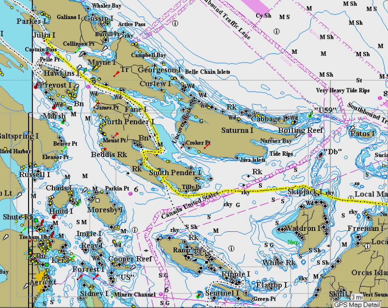 pausing at Bedwell Harbour for Customs and tying up in Montague Harbour, most on Don Fs float.  Mike and Thea show up later.